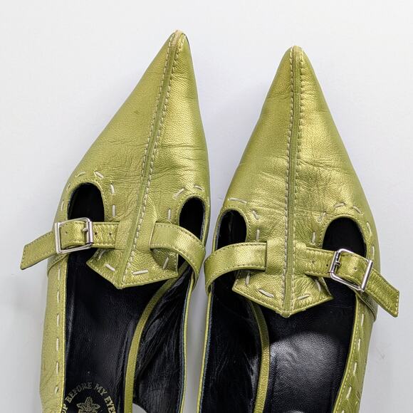 John Fluevog Kitten Heel Slingbacks 10 Green Metallic Leather Statement Shoes - Picture 5 of 16